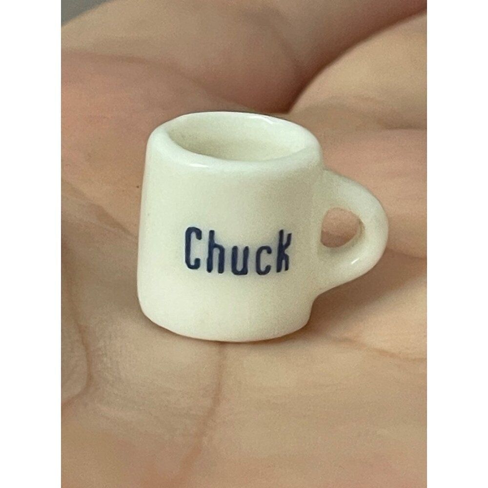 Vintage Miniature White Ceramic Coffee Mug With name Chuck Spell Out Dollhouse